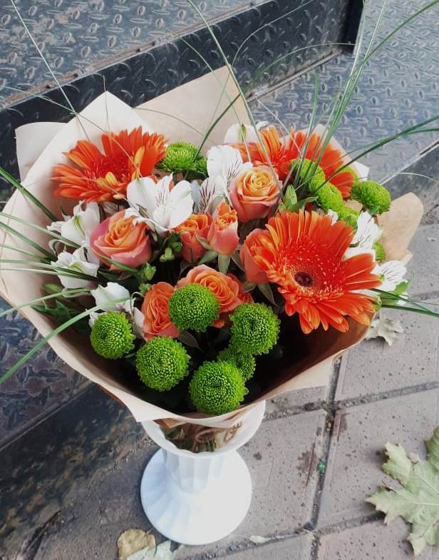 Букет цветов из: Герберы, Хризантемы, Альстромерии и Розы в Прокудском