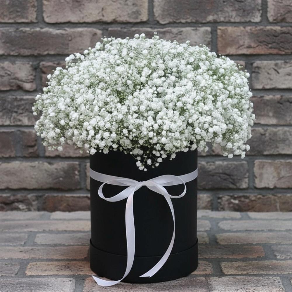 Цветочная композиция из Гипсофила в шляпной коробке в Прокудском