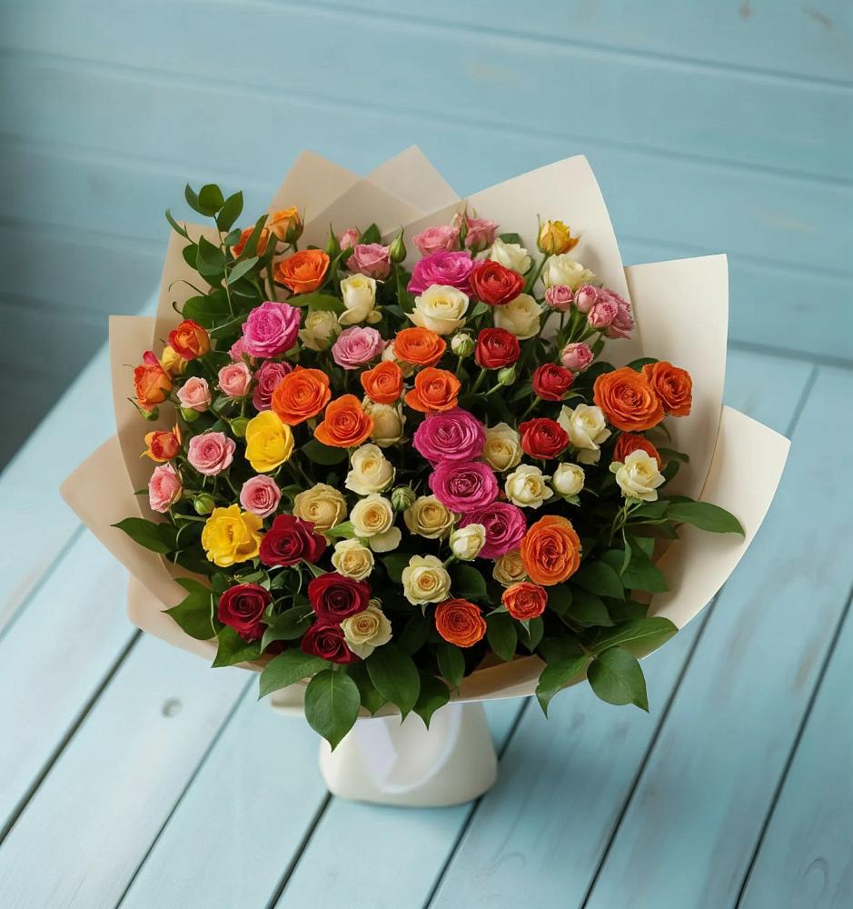 Букет Микс из разноцветных кустовых роз в Прокудском