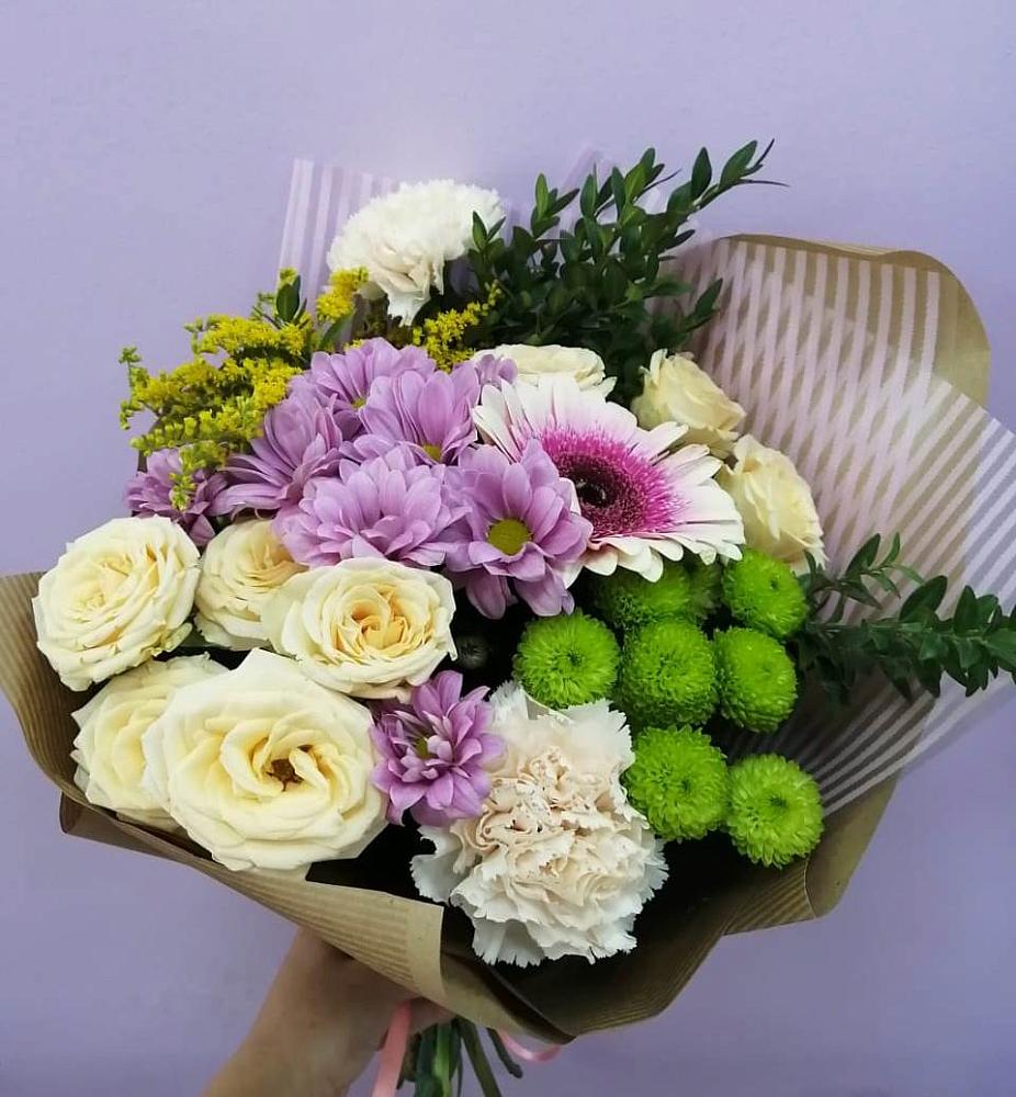 Букет цветов из: Хризантемы, Розы, Гвоздики и Герберы в Прокудском