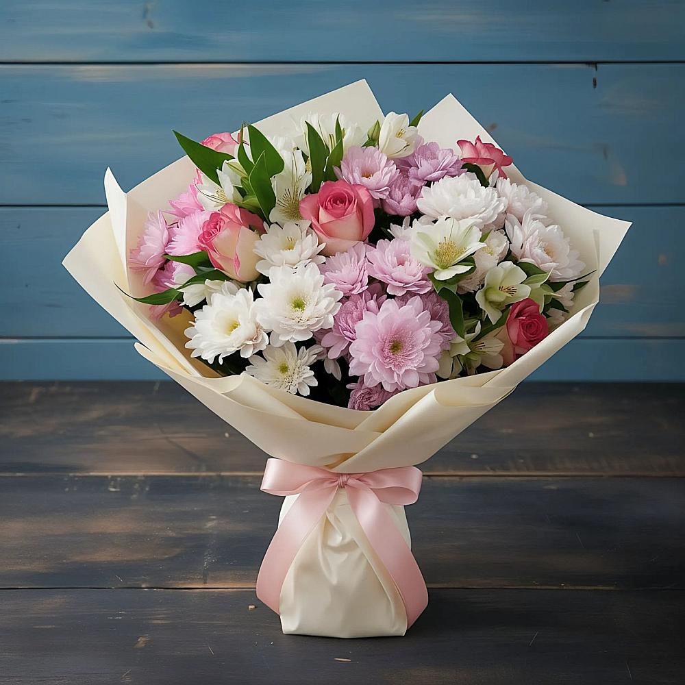 Букет цветов из: Хризантемы, Альстромерии и Розы в Прокудском